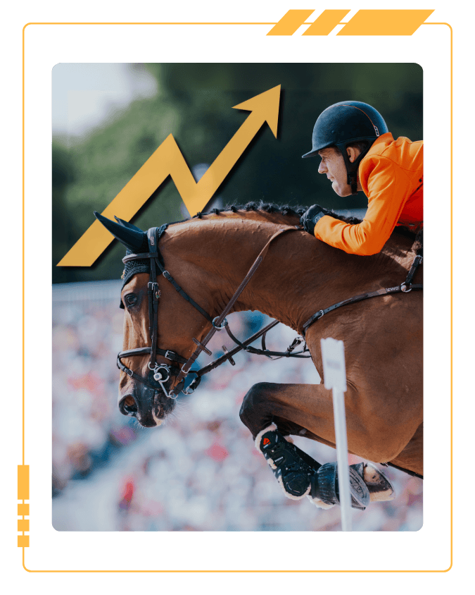 Close up Image of the Bay Horse Beauville Z N.o.p. & His Rider Maikel Van Der Vleuten Clearing a Show Jumping Fence in Competition. an Upward Trending Arrow Is Behind the Subjects. Photo Tilly Berendt. Design EquiRatings.